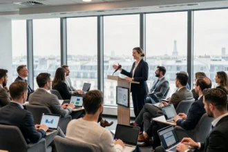 Conférencière professionnelle présentant une formation digitale lors d'une conférence à Paris devant un public de professionnels