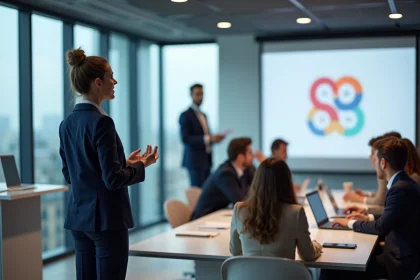 Intervenante experte présentant une stratégie marketing digital lors d'une conférence professionnelle à Paris