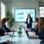 Formatrice présentant des tarifs transparents lors d'une conférence digitale à Paris devant un groupe de professionnels