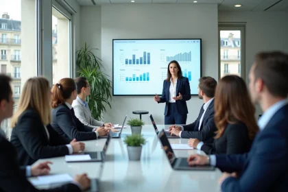 Formatrice présentant des tarifs transparents lors d'une conférence digitale à Paris devant un groupe de professionnels
