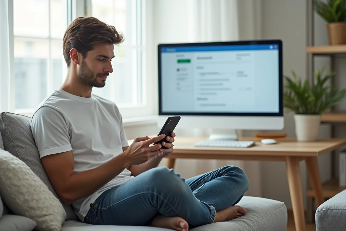 Jeune homme configurant l'application mobile Afpa metisse sur un smartphone dans un salon moderne avec un écran d'ordinateur affichant les paramètres du compte en arrière-plan