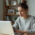 Femme configurant son compte Afpa metisse sur un ordinateur portable et un smartphone posés sur un bureau en bois dans un bureau à domicile moderne