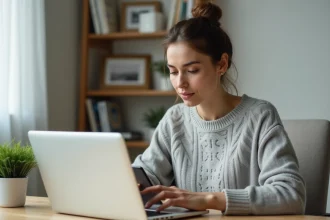 Femme configurant son compte Afpa metisse sur un ordinateur portable et un smartphone posés sur un bureau en bois dans un bureau à domicile moderne