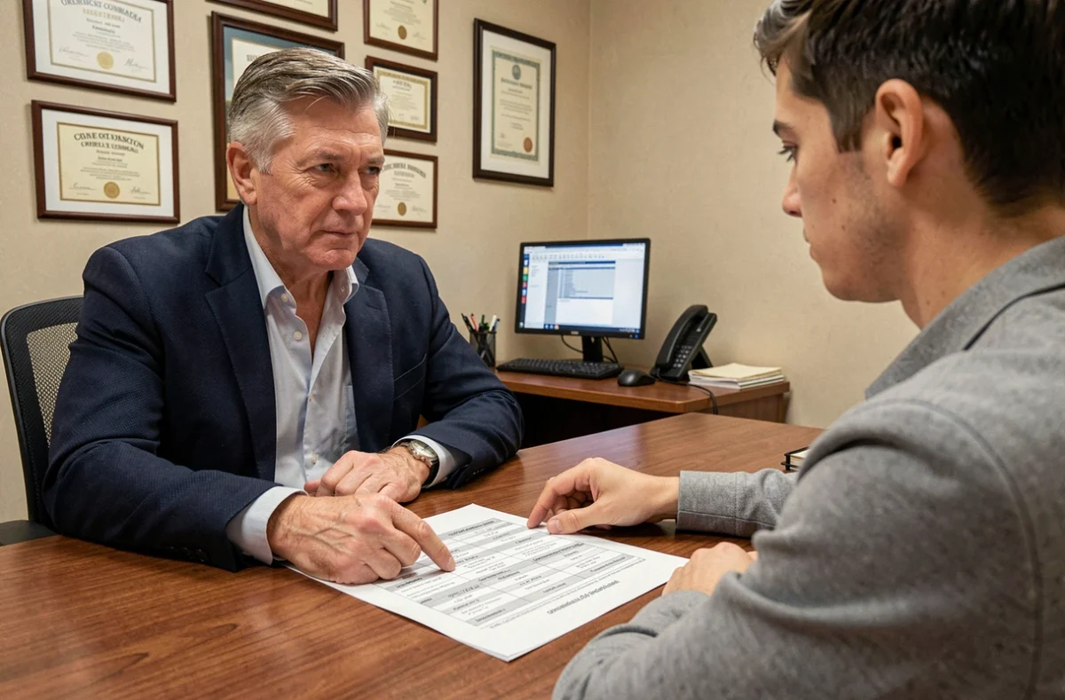 Conseiller d'orientation présentant les résultats d'un test de carrière à un jeune adulte dans un bureau professionnel