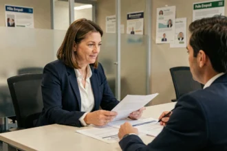 Conseillère Pôle Emploi présentant une fiche métier et des données salariales à un demandeur d'emploi dans une agence moderne