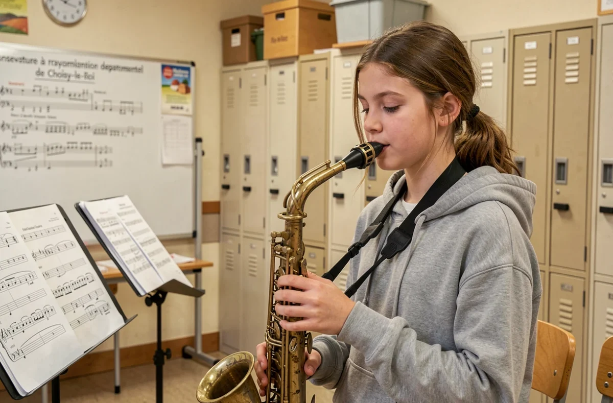 Une élève pratiquant le saxophone dans une salle du Conservatoire de Choisy-le-Roi
