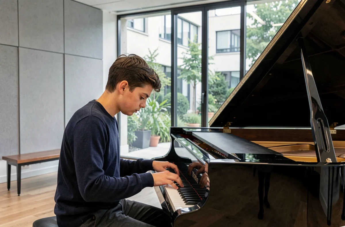 Un jeune pianiste en séance de travail au Conservatoire à rayonnement régional de Boulogne-Billancourt