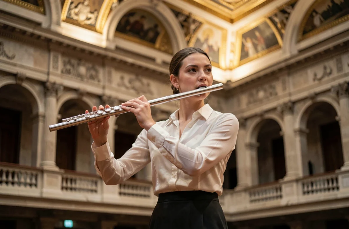 Une flûtiste en récital dans l'auditorium du Conservatoire à rayonnement régional de Paris