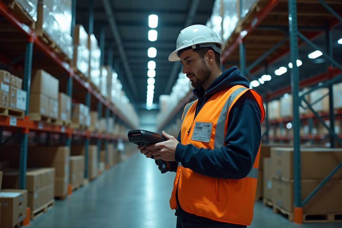 Employe en gilet haute visibilité utilisant un scanner dans un centre Amazon