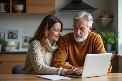 Couple d'adultes discutant finances à la maison