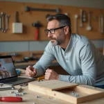 Homme suivant un cours de bricolage en ligne sur ordinateur portable dans un atelier équipé d'outils