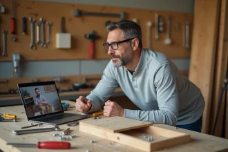Homme suivant un cours de bricolage en ligne sur ordinateur portable dans un atelier équipé d'outils