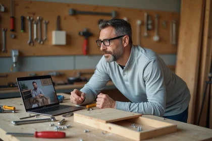 Homme suivant un cours de bricolage en ligne sur ordinateur portable dans un atelier équipé d'outils