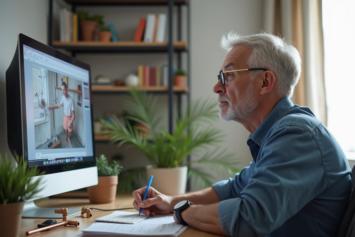 Homme mature suivant un cours de bricolage en ligne sur la plomberie depuis son bureau à domicile