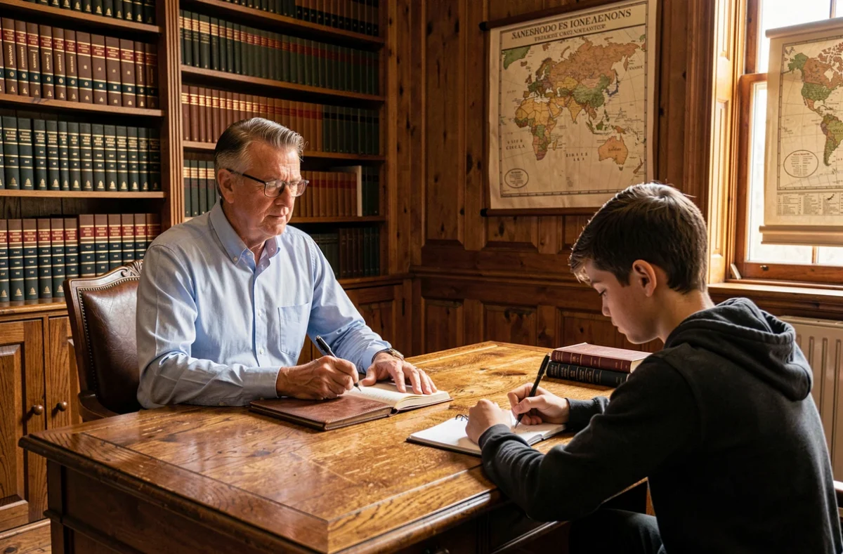 Tuteur expérimenté de Cours Legendre dans une bibliothèque académique classique avec livres anciens et bureau en chêne