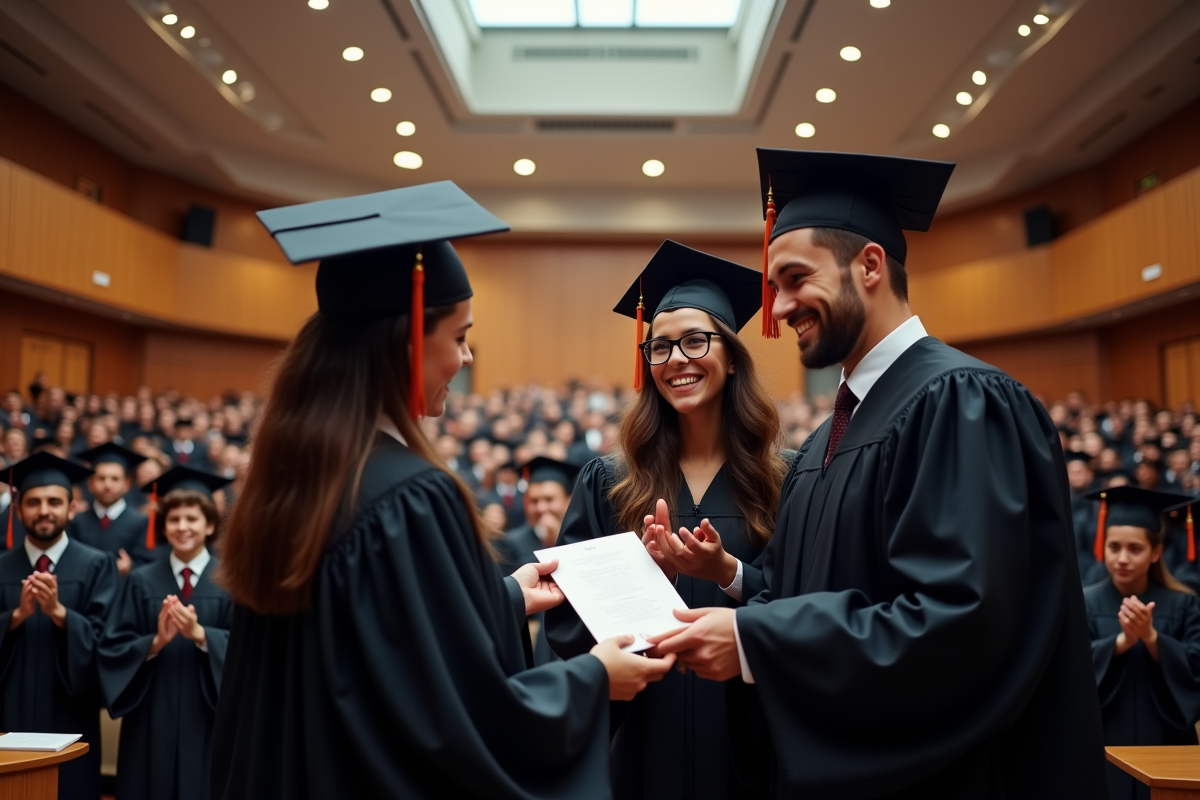 Cérémonie de remise de diplômes dans un auditorium lumineux