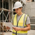 Jeune débutant sur un chantier BTP consultant ses documents de formation avec casque et gilet de sécurité