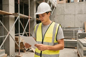 Jeune débutant sur un chantier BTP consultant ses documents de formation avec casque et gilet de sécurité