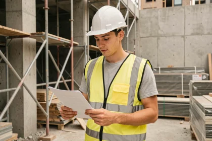 Jeune débutant sur un chantier BTP consultant ses documents de formation avec casque et gilet de sécurité