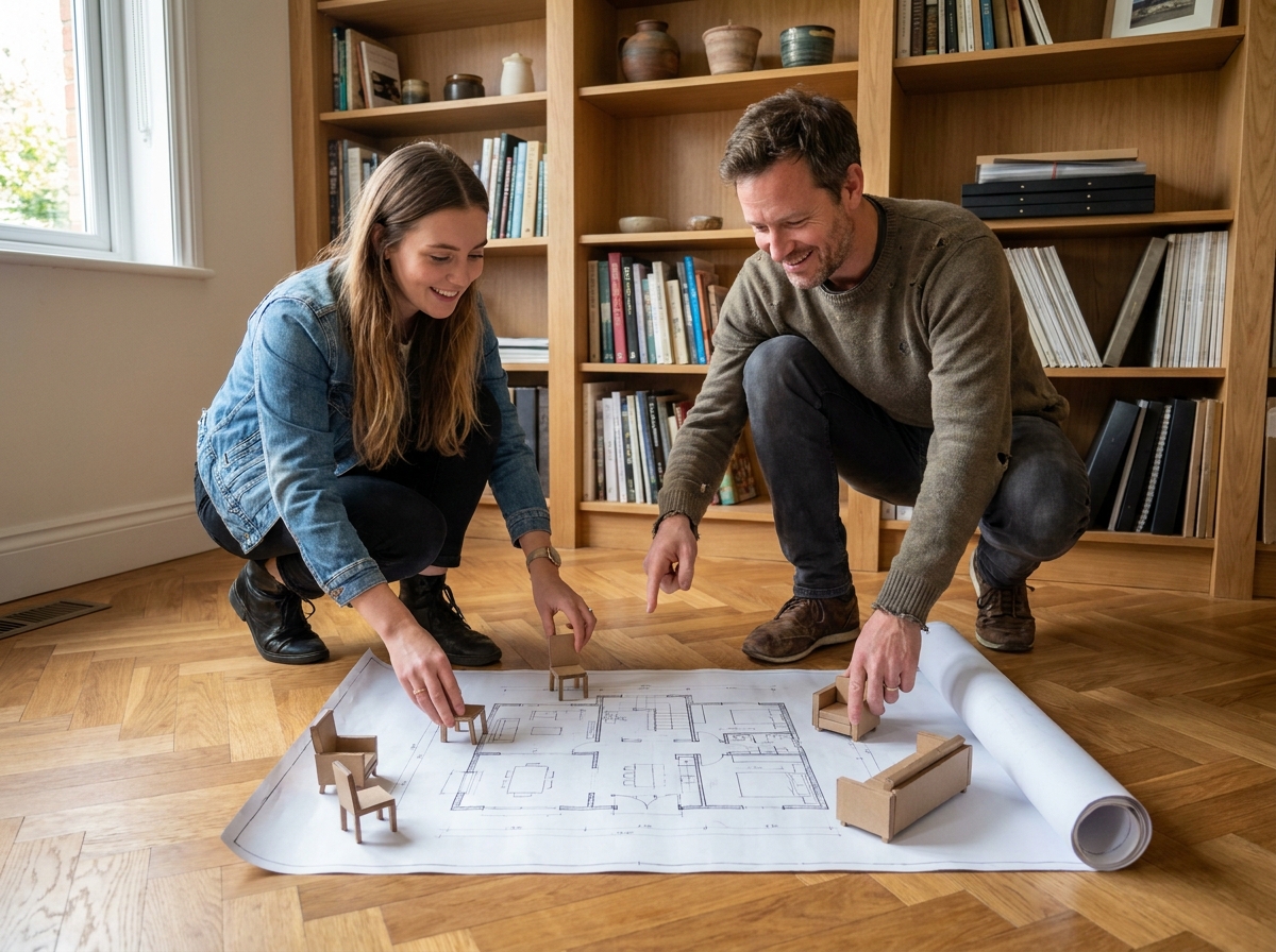 Duo de designers travaillant ensemble sur un plan d'aménagement intérieur posé au sol dans un studio créatif