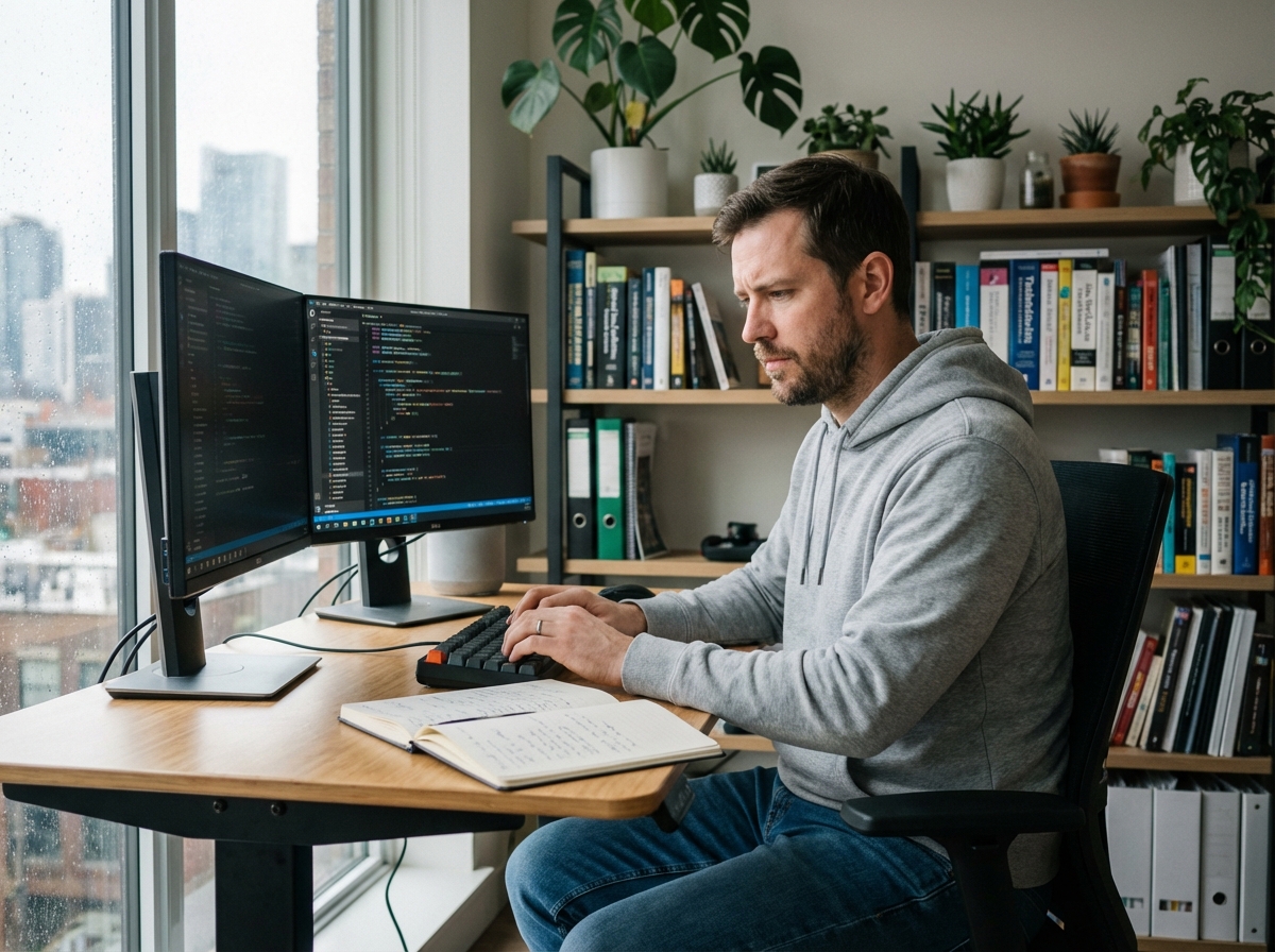 Homme développeur concentré travaillant seul à son bureau à domicile