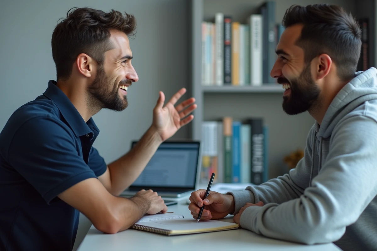 Deux hommes pratiquant une conversation en espagnol avec des verbes avoir dans un appartement moderne