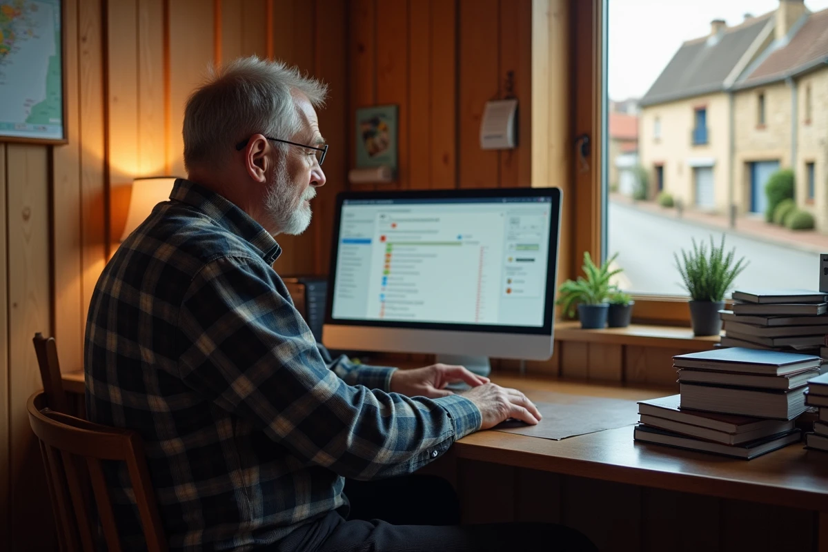 Directeur d'école rurale consultant la plateforme numérique Maclasse.fr sur un ordinateur dans son bureau