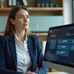Directrice de collège consultant la plateforme numérique Easy Scol sur son ordinateur dans un bureau scolaire