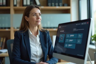 Directrice de collège consultant la plateforme numérique Easy Scol sur son ordinateur dans un bureau scolaire