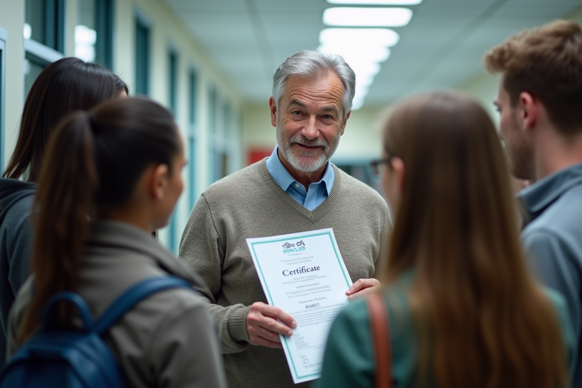 Homme discutant d un certificat RNCP avec des jeunes dans un hall universitaire