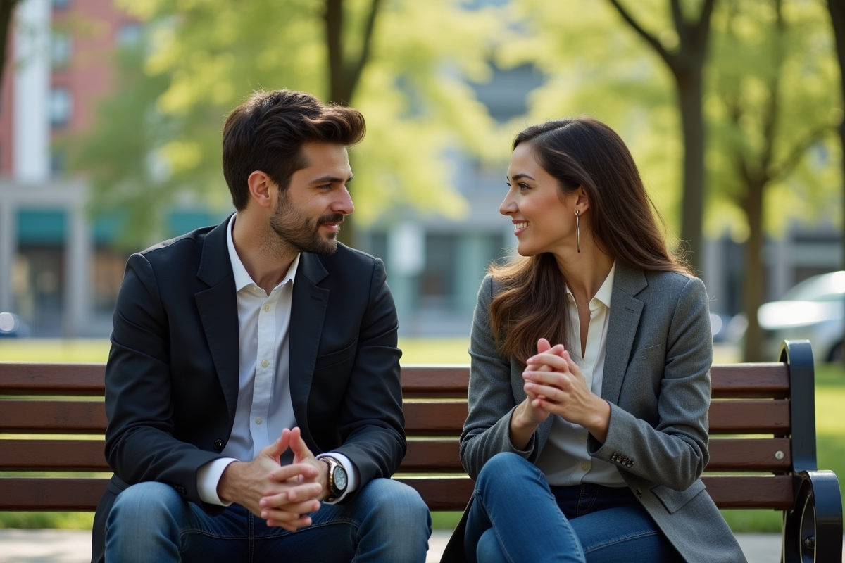 Jeune homme et femme discutant dans un parc urbain