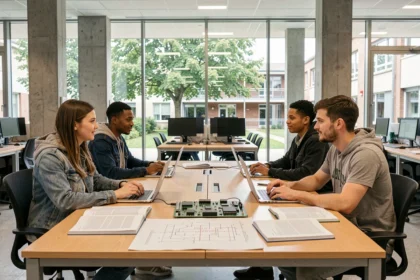 Étudiants en informatique travaillant ensemble dans un laboratoire universitaire moderne en Essonne