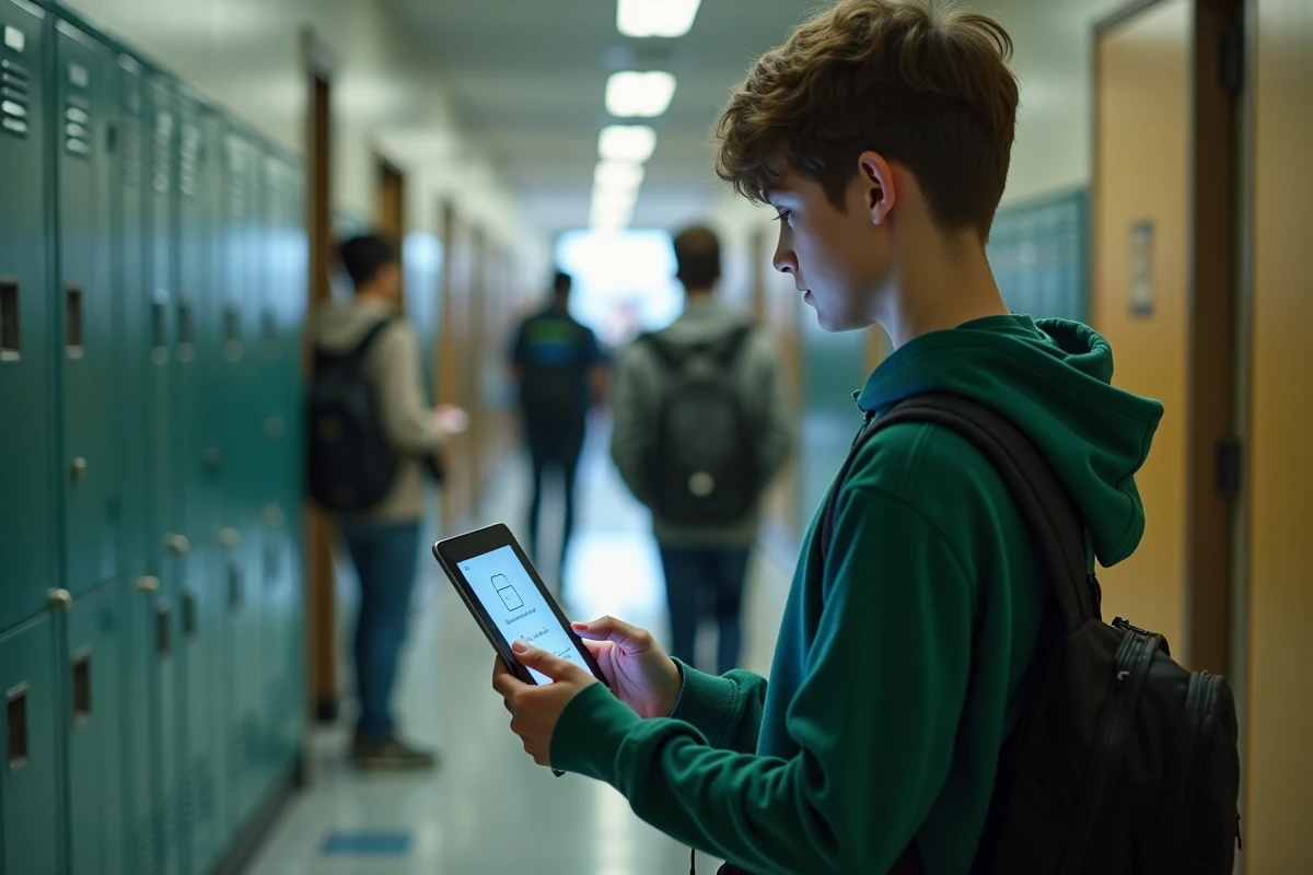 Élève dans un couloir de lycée utilisant une tablette pour se reconnecter à l'ENT après avoir oublié son mot de passe