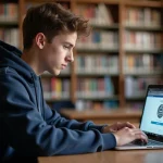 Élève de lycée en train d'activer ses identifiants ENT Auvergne sur un ordinateur portable dans une bibliothèque scolaire
