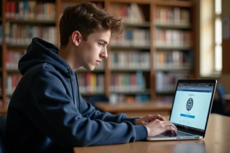 Élève de lycée en train d'activer ses identifiants ENT Auvergne sur un ordinateur portable dans une bibliothèque scolaire