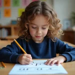 Jeune élève de CE2 lisant attentivement une fiche de lecture imprimée à son bureau en classe