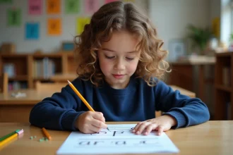Jeune élève de CE2 lisant attentivement une fiche de lecture imprimée à son bureau en classe