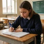 Élève concentrée écrivant une dictée de conjugaison du passé simple dans un cahier en classe