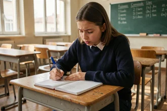 Élève concentrée écrivant une dictée de conjugaison du passé simple dans un cahier en classe