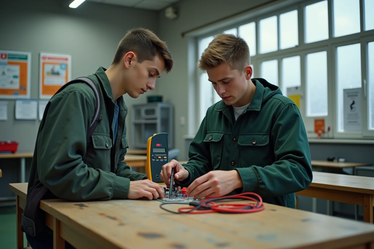 Élève en électrotechnique utilisant un multimètre numérique pour mesurer des tensions sur un tableau de formation en laboratoire