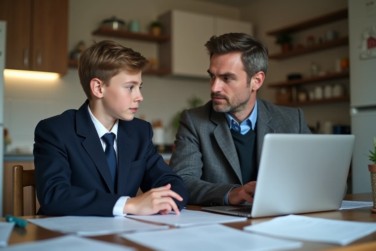 Un adolescent et son père consultent des papiers scolaires à la maison