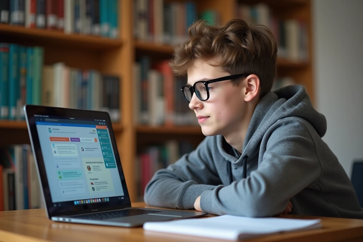 Élève lycéen utilisant la plateforme ONE connect sur ordinateur portable dans une bibliothèque scolaire