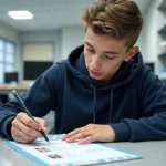 Jeune lycéen remplissant une fiche d'inscription scolaire
