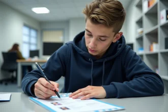 Jeune lycéen remplissant une fiche d'inscription scolaire