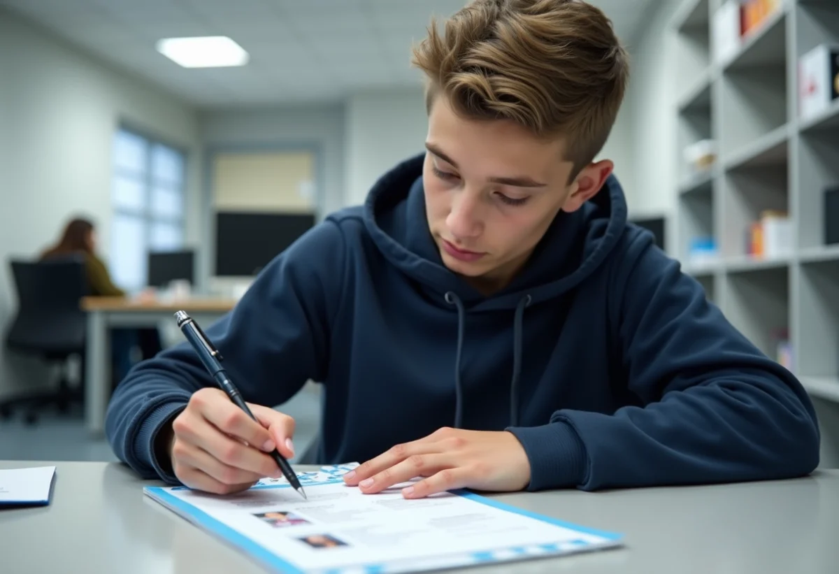 Jeune lycéen remplissant une fiche d'inscription scolaire