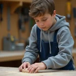 Élève de SEGPA en atelier de menuiserie au collège, travaillant le bois avec concentration