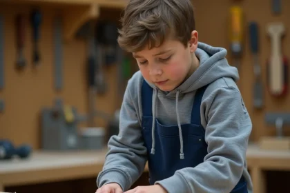 Élève de SEGPA en atelier de menuiserie au collège, travaillant le bois avec concentration