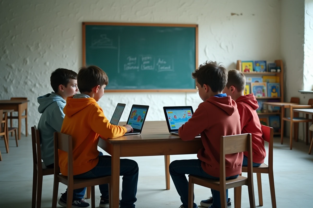Groupe d'élèves d'âges différents travaillant sur des tablettes et ordinateurs dans une classe rurale rénovée