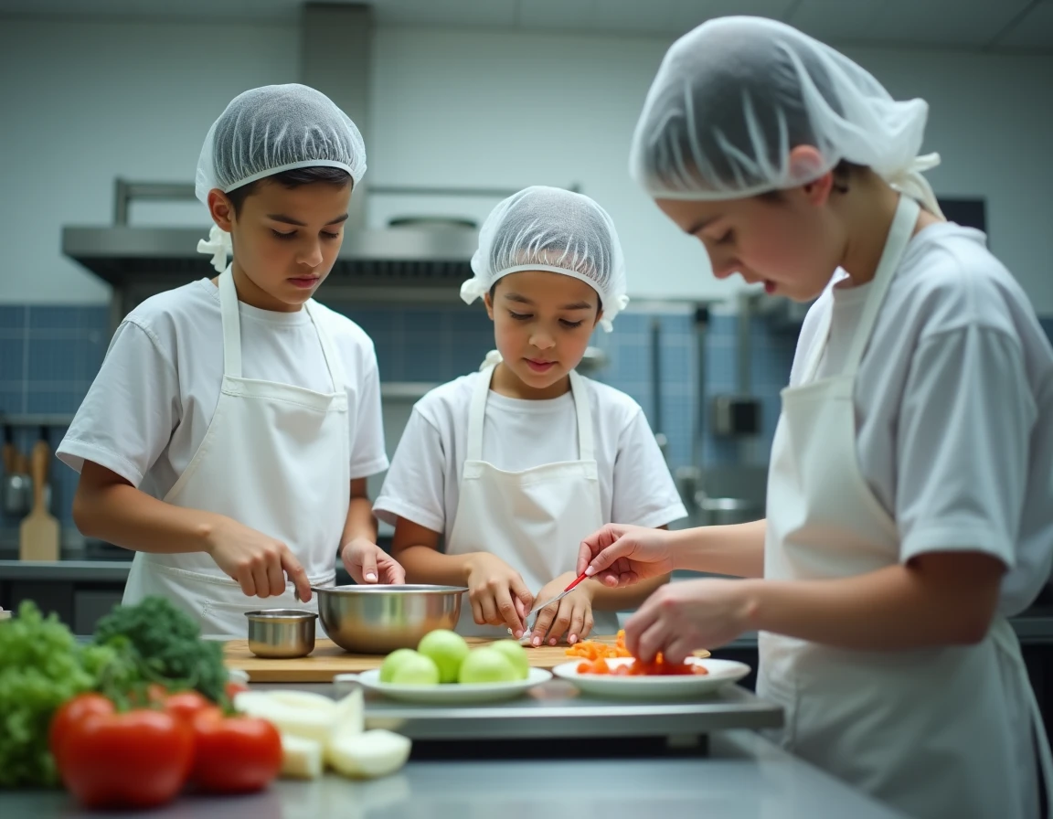 Groupe d'élèves en SEGPA lors d'un cours de cuisine en atelier d'hôtellerie-restauration au collège