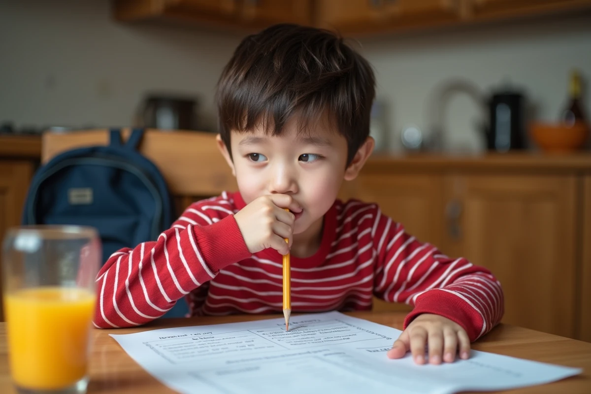 Enfant de CE2 faisant un exercice de lecture imprimé à la maison après l'école
